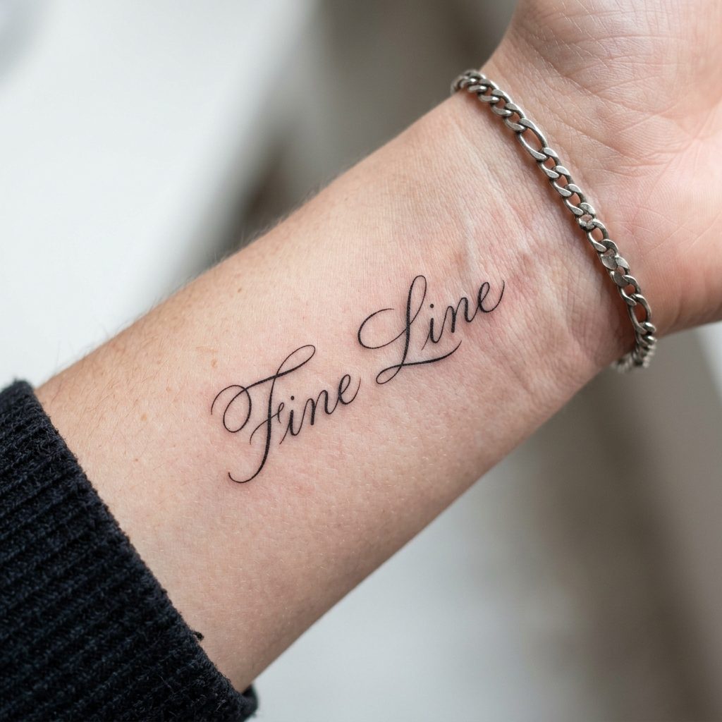 tatuado la palabra fine line en la muñeca